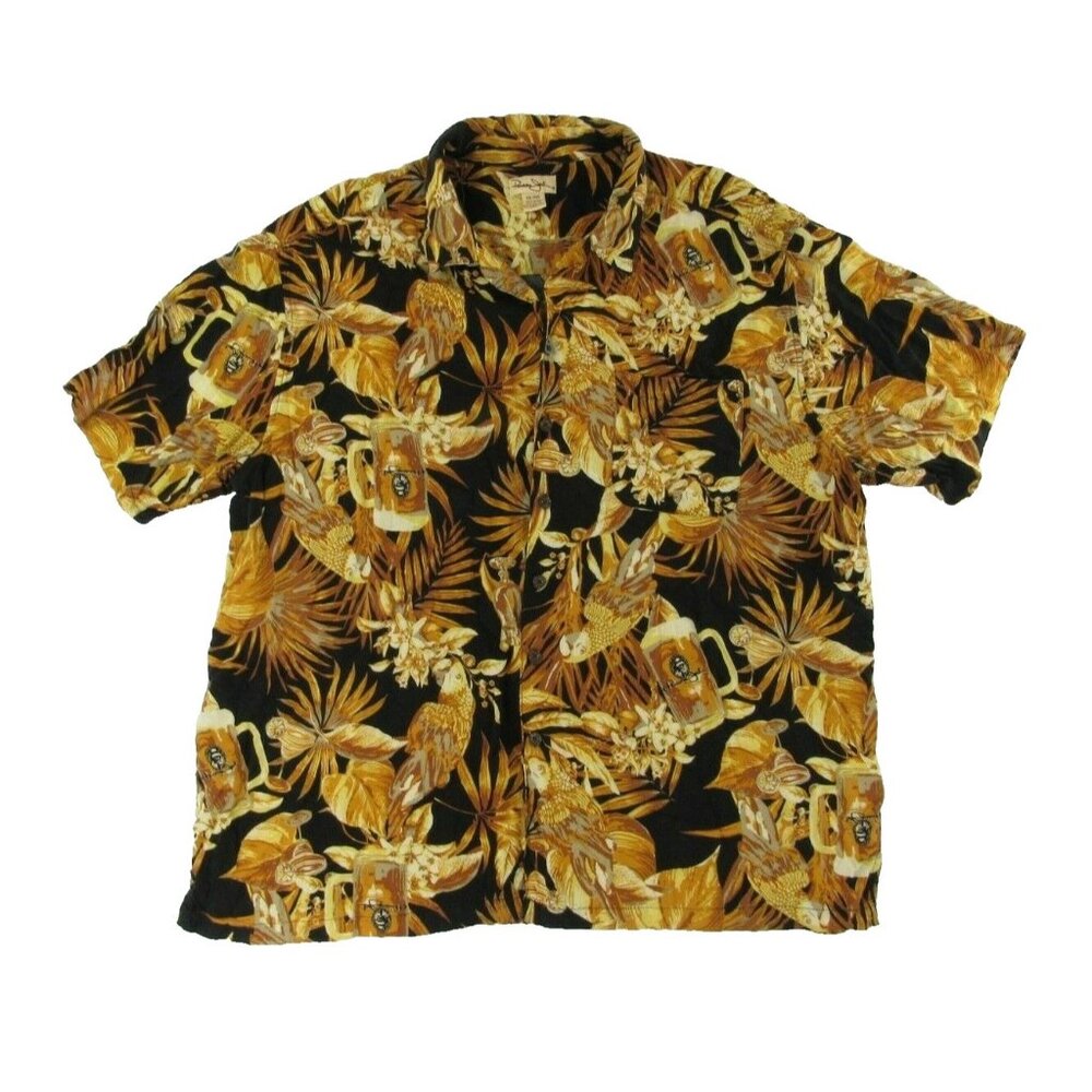 Panama Jack Mens Hawaiian Shirt XXL Black Gold Beer Parrot Birds